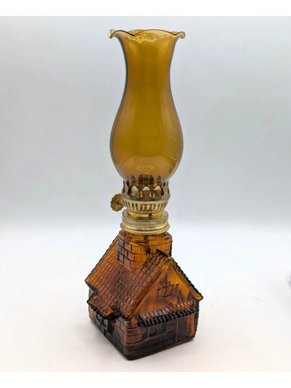 Vintage Cabin Shaped Amber Glass Mini Oil Lamp Lantern Made in Hong Kong 8.5